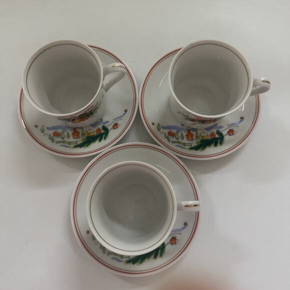 Vintage 3pc Set Salem China Christmas Eve Teacups and Saucers Holiday Dinnerware - Picture 2 of 10